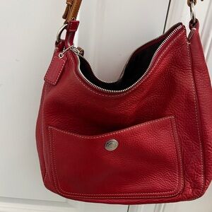 Coach Red Pebbled Leather Shoulder Bag with Front Pocket